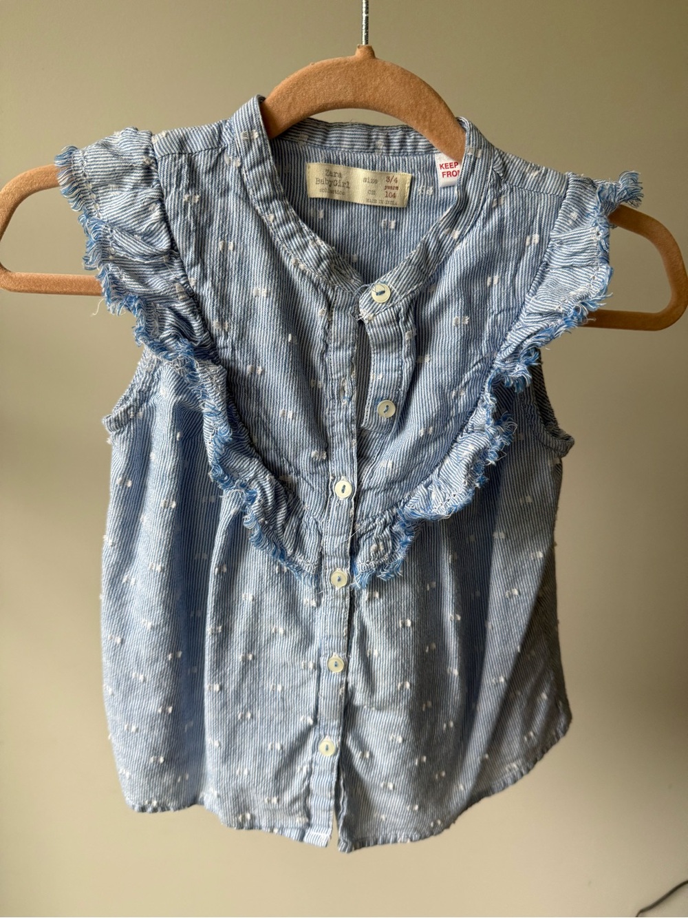Zara Light Blue Dot Ruffle Button-Front Tank